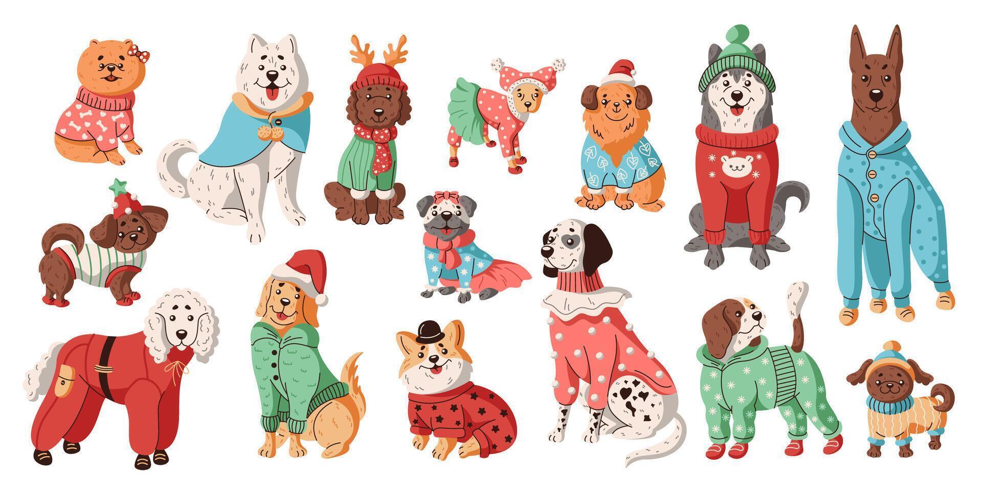 Cute dogs wearing warm winter clothes flat color icon set. Funny canine pets fashion trends characters pack on white background vector