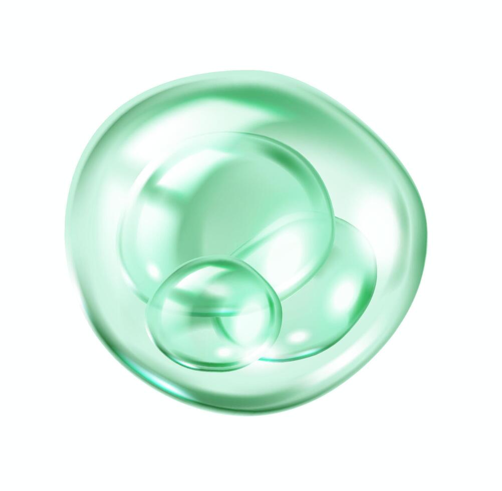Green bubbles of collagen molecules realistic illustration. Blobs bounce inside sphere 3d object on white background vector