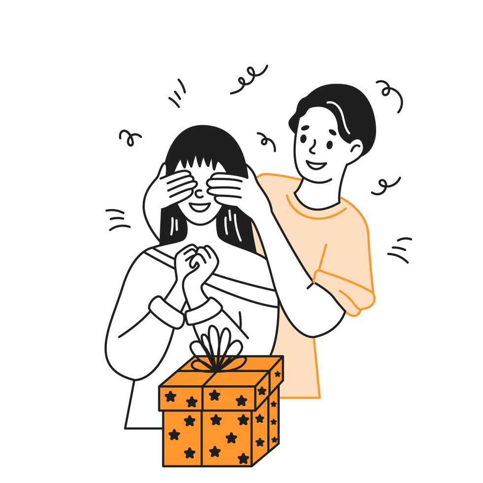 Man covering woman eyes preparing surprise for birthday color linear icon. Young couple celebrating b-day characters doodle simple illustration vector