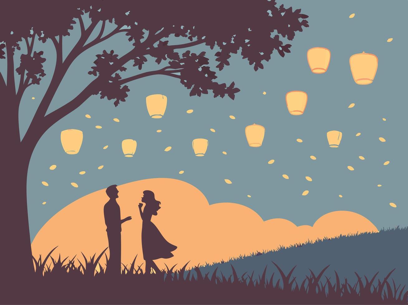 A series of glowing paper lanterns drifting into a twilight sky, softly illuminating the surroundings. The middle section is left clear for a message. vector