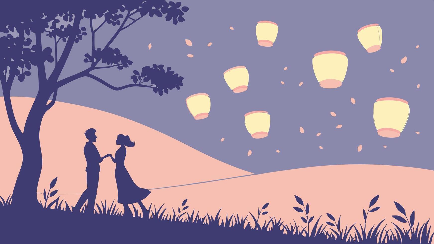 A group of glowing paper lanterns drifts peacefully into the twilight. vector