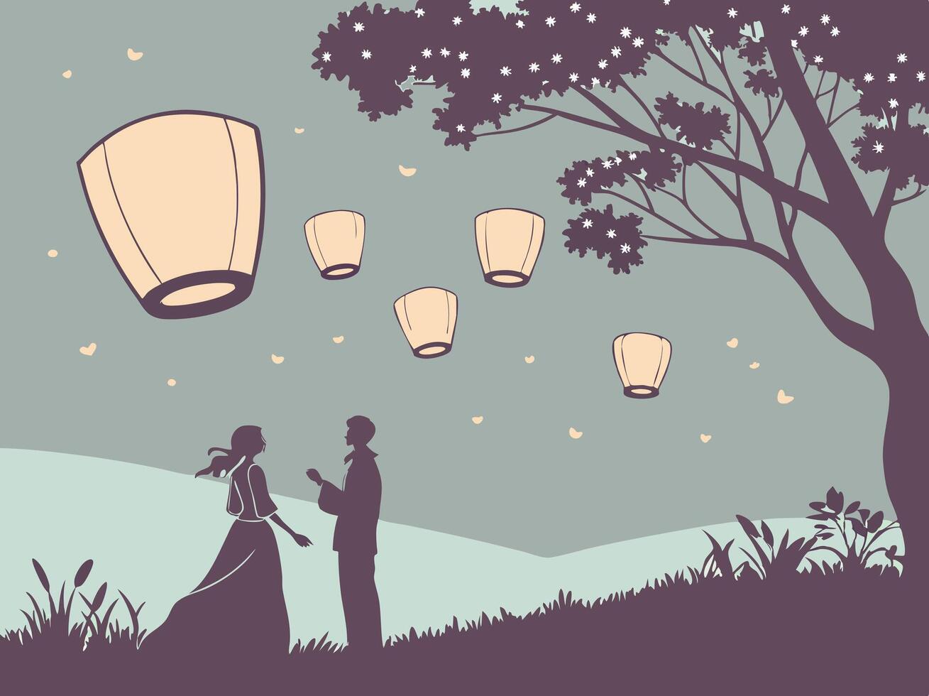 Floating lanterns light up the evening sky with a warm glow. vector