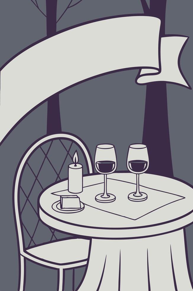 Two wine glasses rest on a table, bathed in warm, romantic lighting. vector