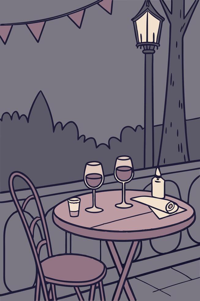 A softly lit dinner scene showcases elegant wine glasses on a rustic table. vector