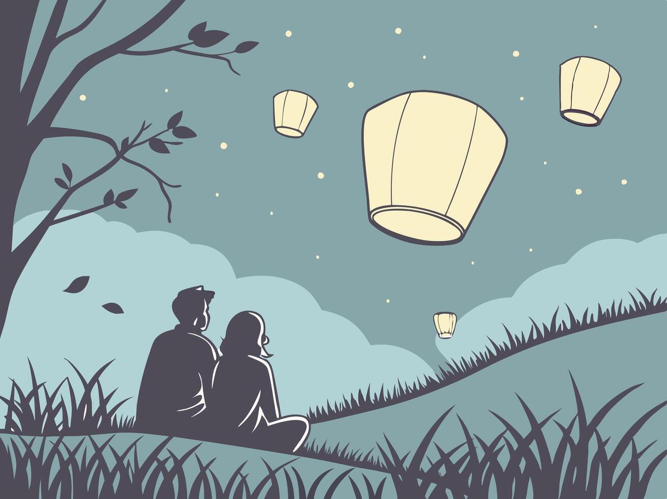 Softly illuminated lanterns rise into a dusky, romantic sky. vector
