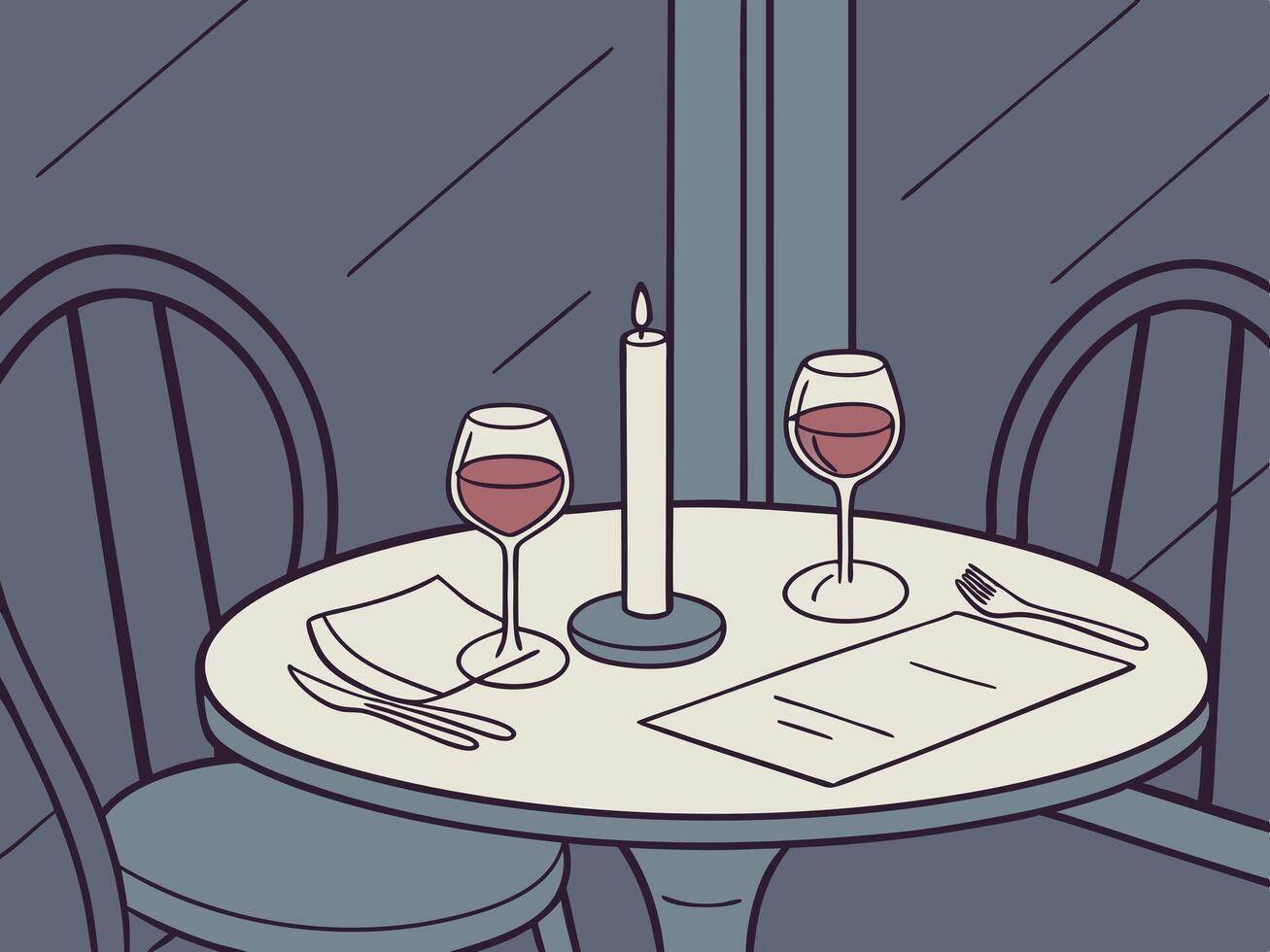A romantic setting with wine glasses, candlelight, and an intimate atmosphere. vector