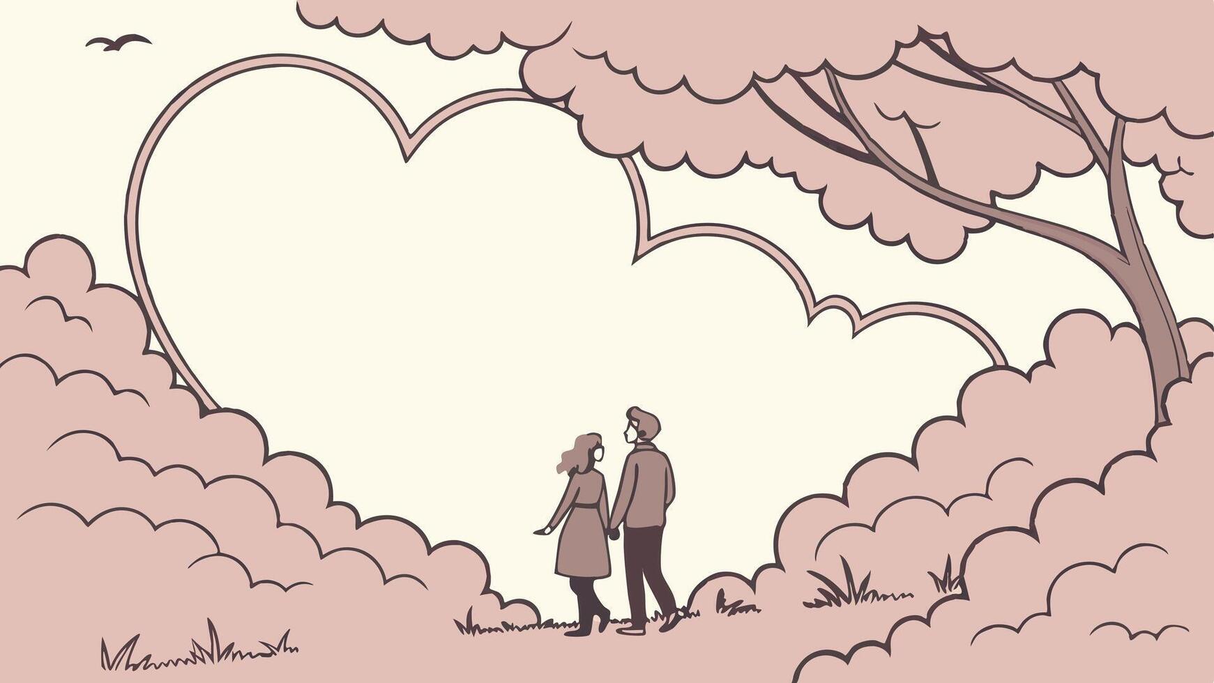 Floating pink clouds subtly form a romantic heart shape above. vector