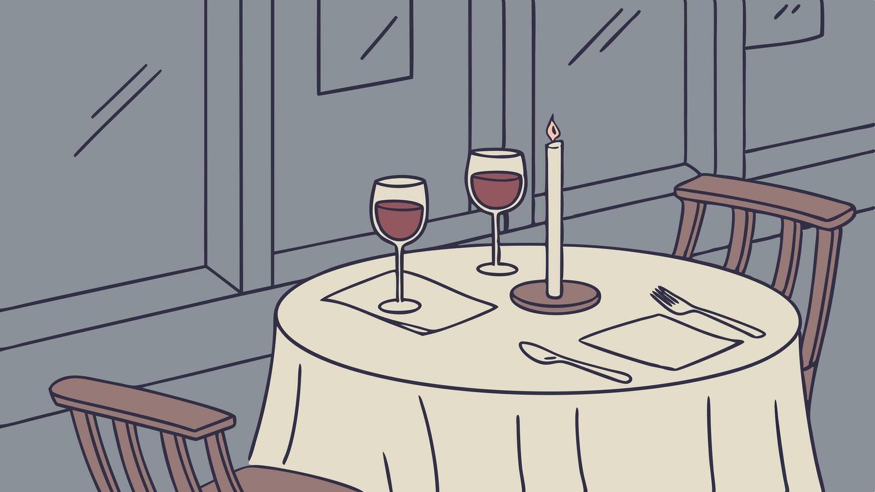 A cozy dinner table features two wine glasses and a candlelit ambiance. vector