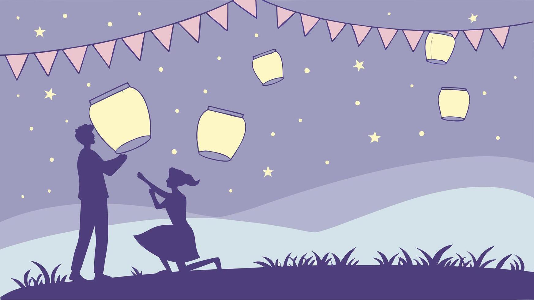 Golden lanterns float into the distance, casting a dreamy atmosphere. vector