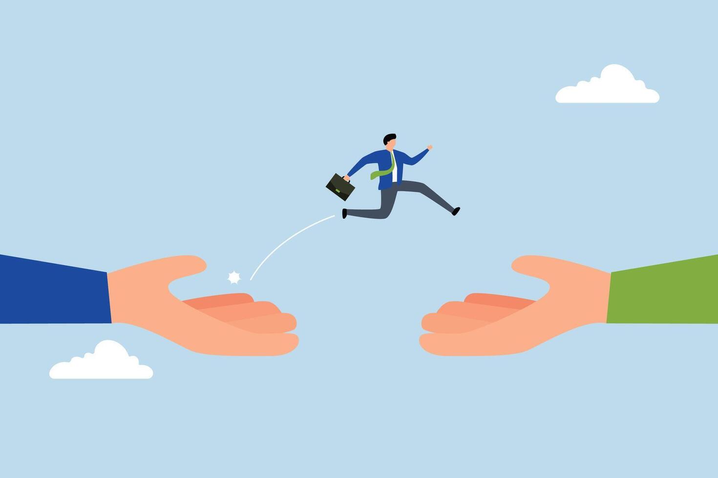 Change job, confident entrepreneur leaping from enormous hand to vector