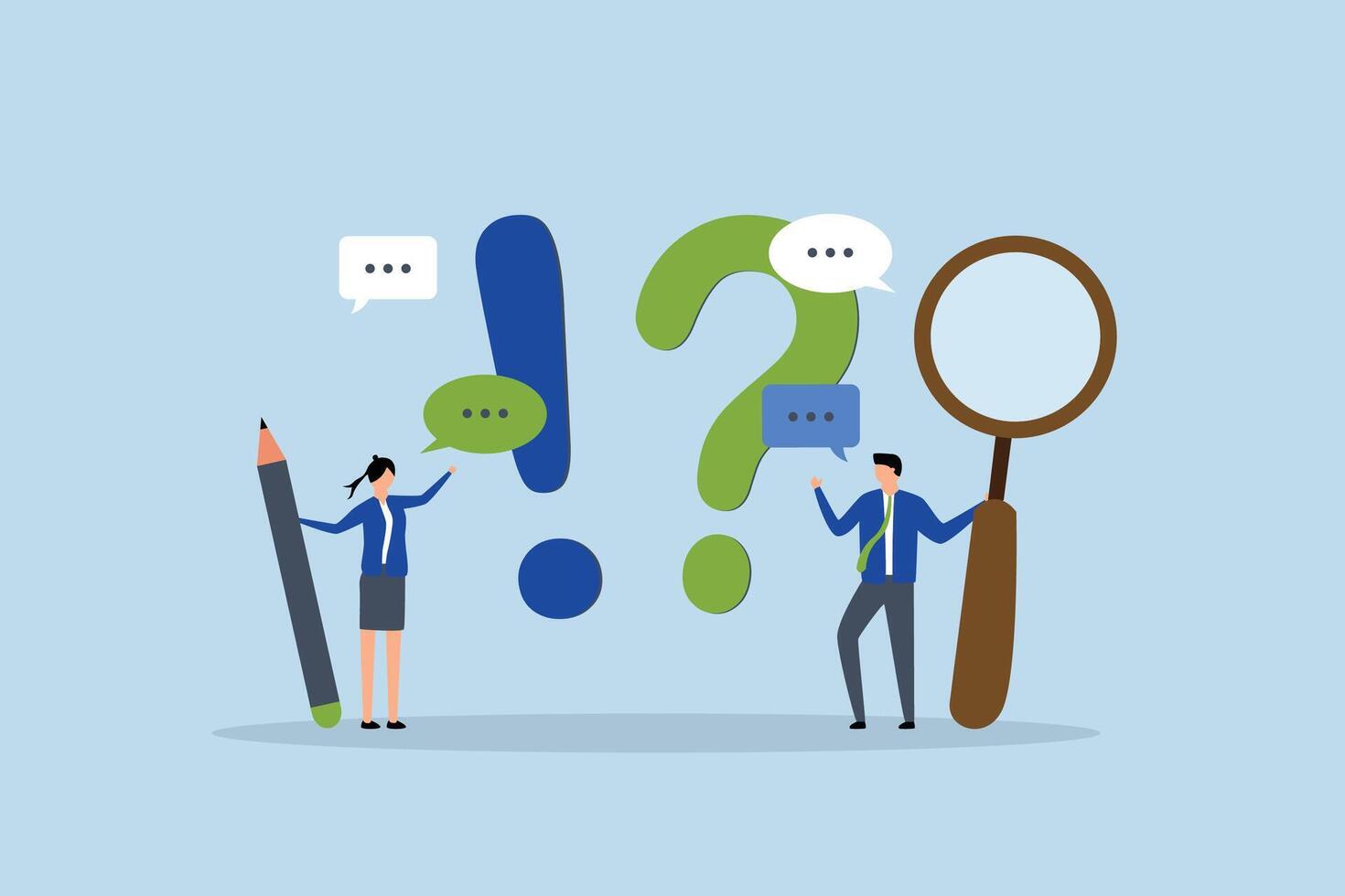Question and answer, Businessman and woman with exclamation point, question mark in speech bubble dialogue. vector