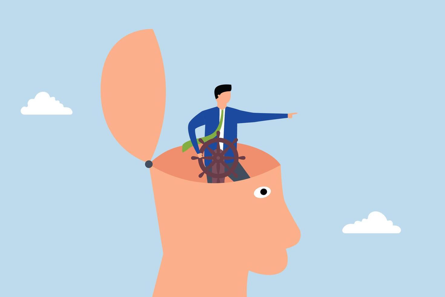 Self control, businessman leader directs steering wheel helm on his head. vector