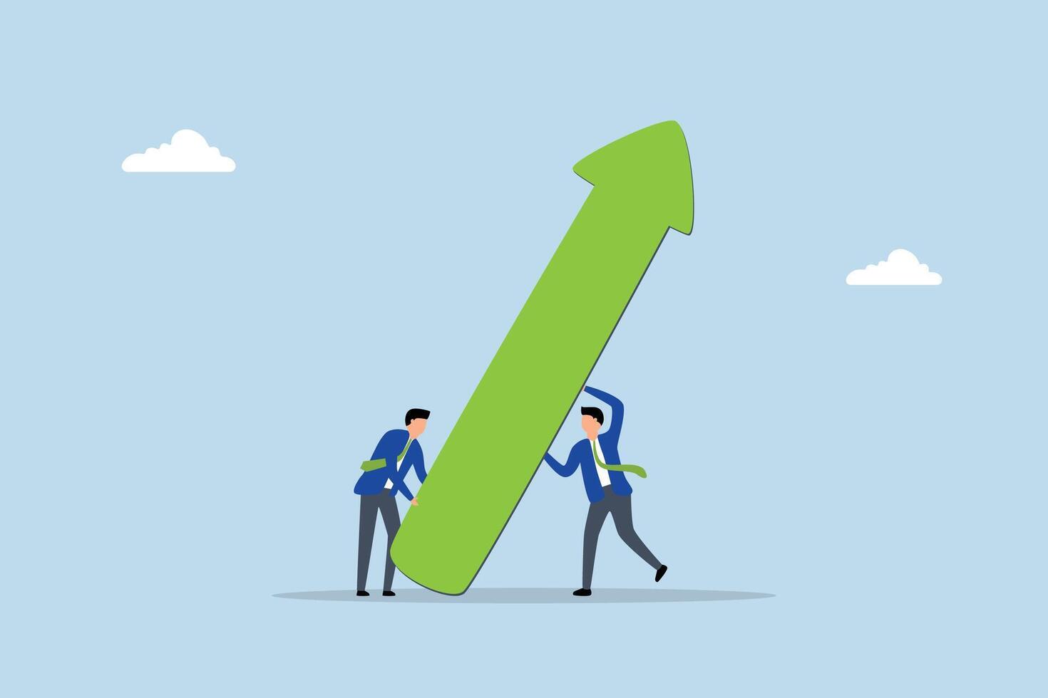 Teamwork effort to help growing business, team members in business assist in elevating arrow on graph. vector