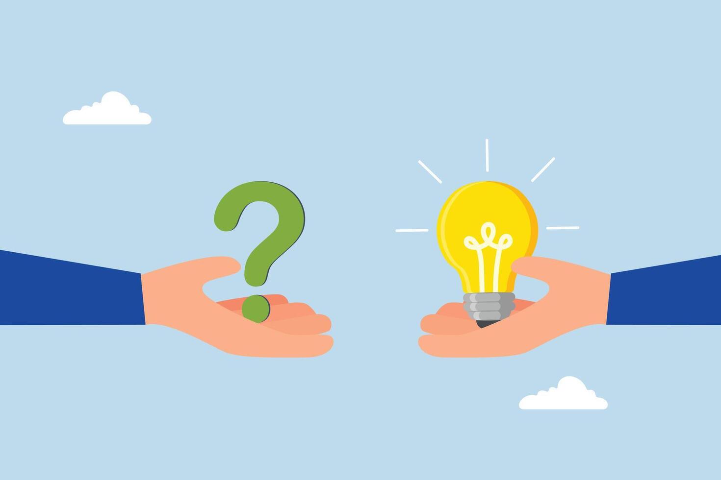 Question and answer, entrepreneur hand grasping a question mark while other is responding with lightbulb. vector