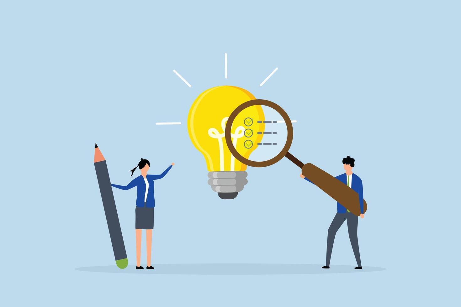 Business viability checking, entrepreneur using magnifying glass examines lightbulb concept. vector