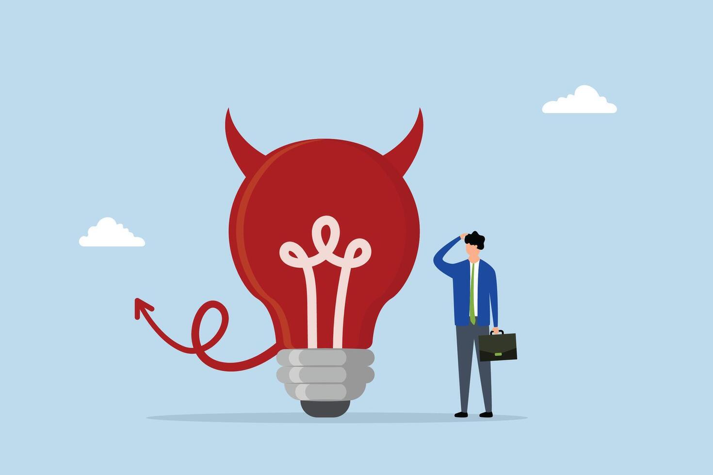 Bad idea cause problem and failure, perplexed entrepreneur staring at evil lightbulb questioning it a poor choice. vector