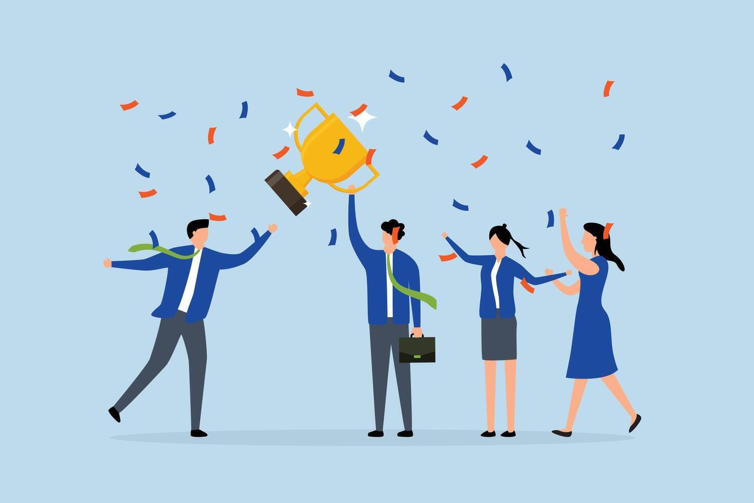 team victory, cheerful colleagues in a business team rejoice in their success with a trophy. vector