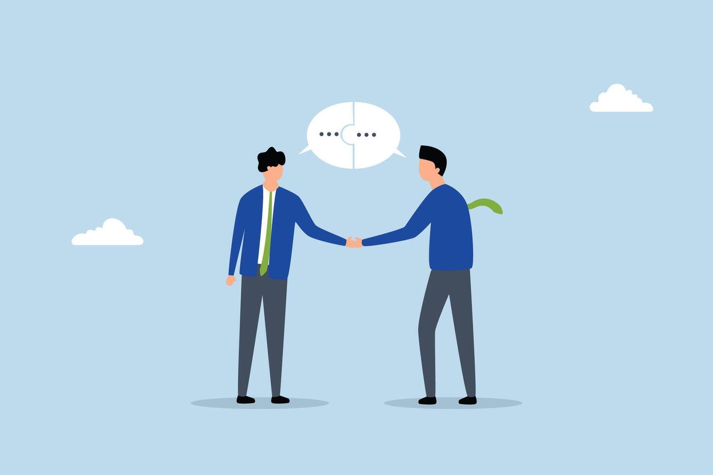 Success communicate, businessmen shaking hands with a communication speech bubble puzzle. vector