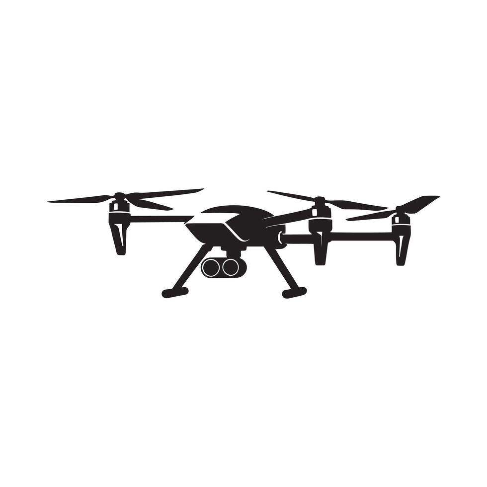 Drone silhouette, quad copter, black and white illustration, side view, sleek design, propellers, camera attachment, vector