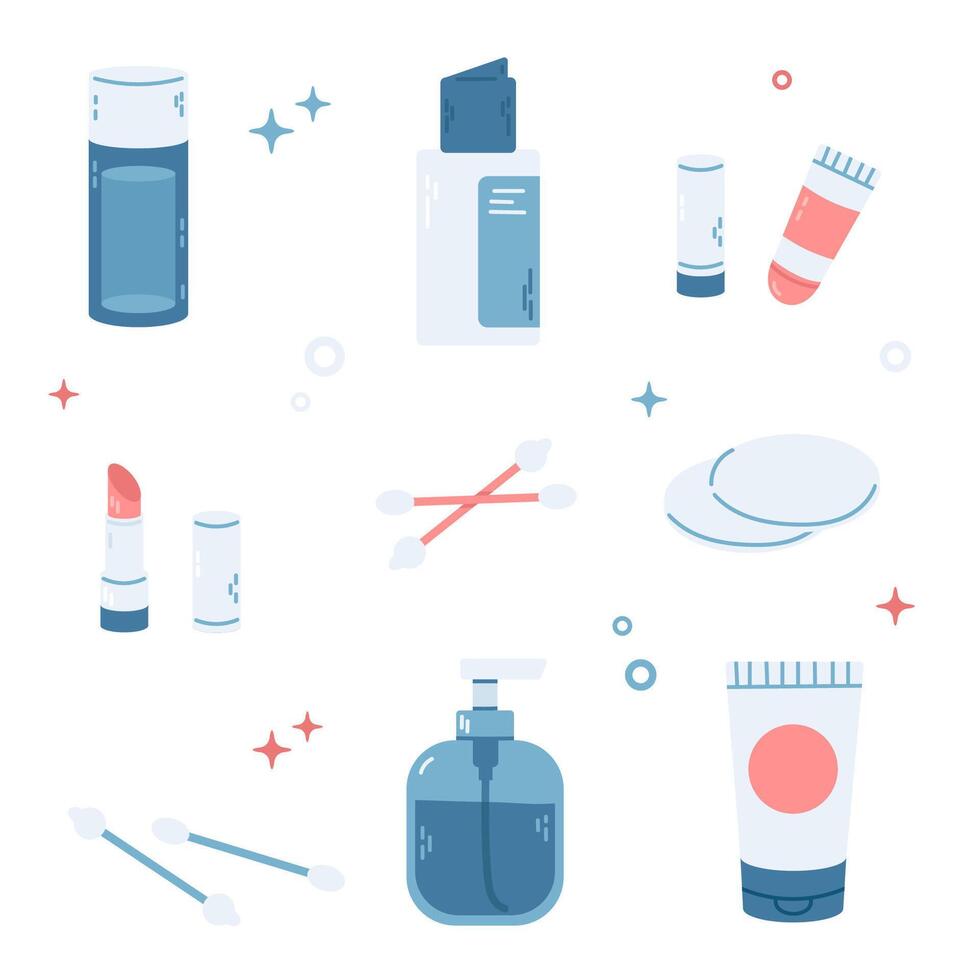 A collection of skincare items set, including cotton swabs, bottles, and lip balms in a fun flat style. Perfect for creating unique branding, digital stickers, and product packaging. vector