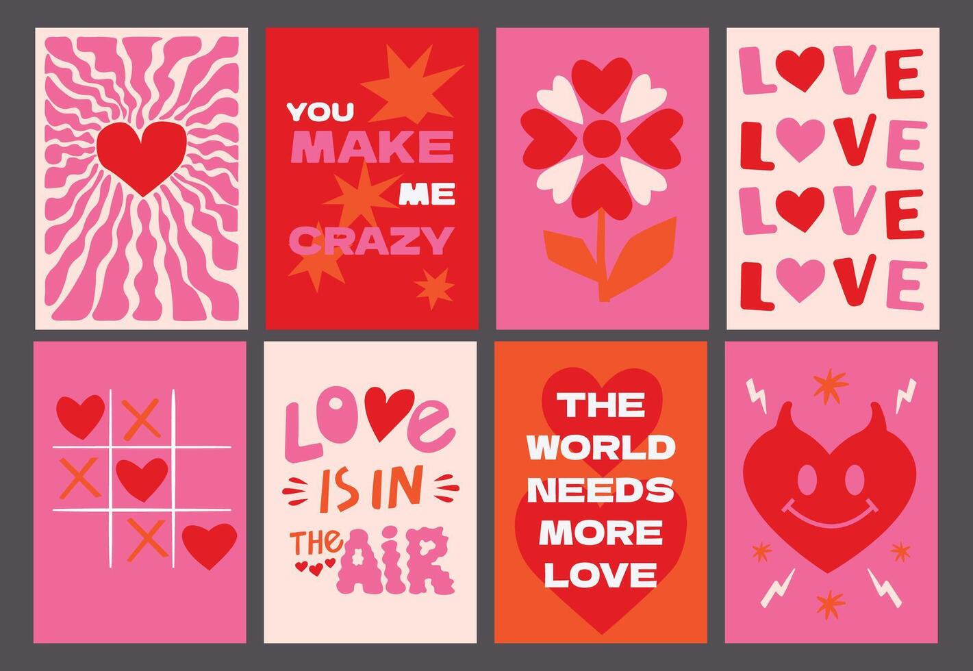A collection of playful and whimsical posters dedicated to Valentine's Day. Prints consisting of hearts, lettering, typography and abstract shapes. Postcards to express love and affection. vector