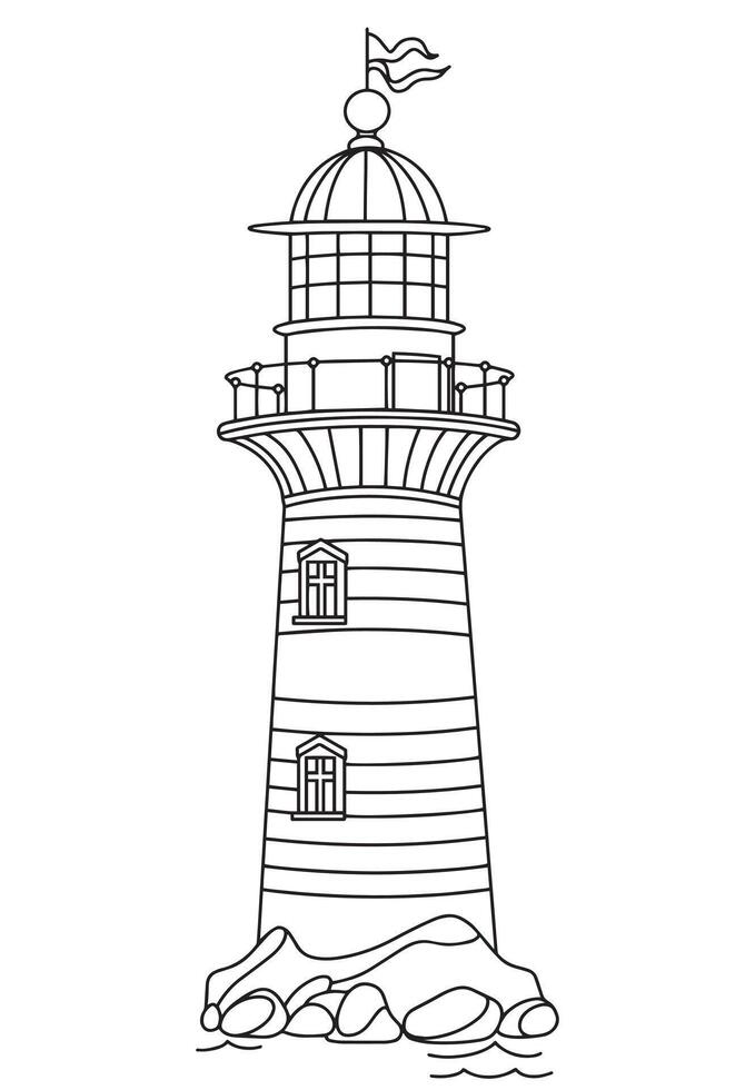 Coloring page, lighthouse. cute illustration, line drawing. vector