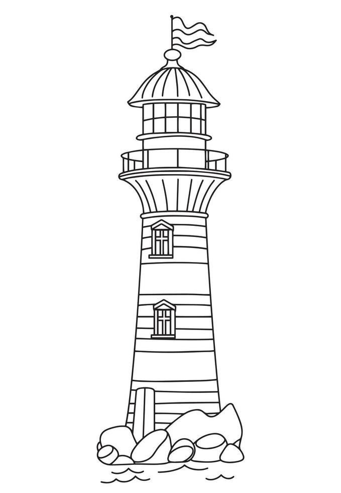 Coloring page for adults, lighthouse. cute illustration, line drawing. vector