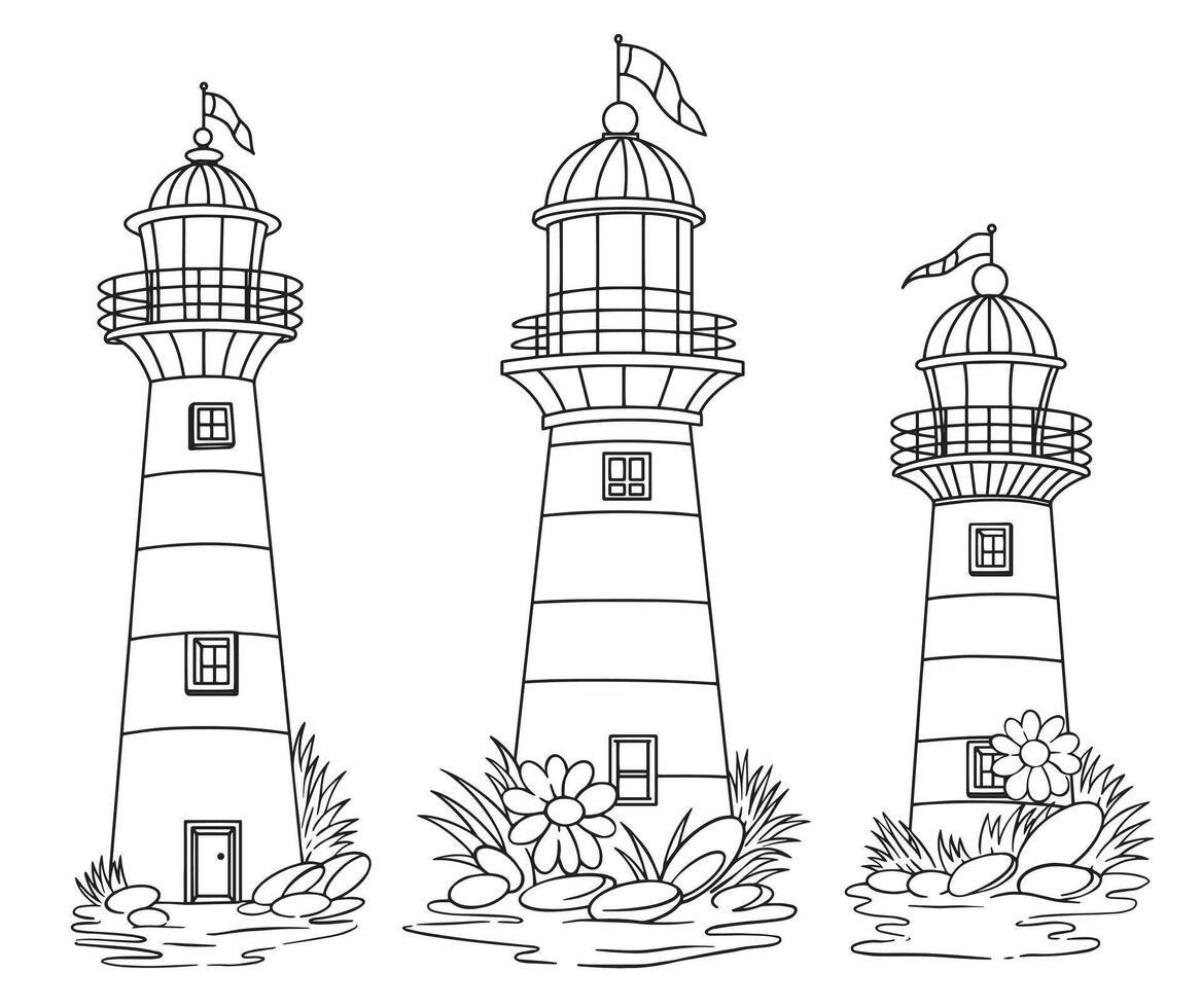 Coloring book for adults, set of lighthouses. cute illustration, line vector