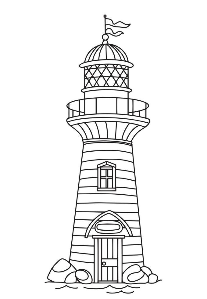 Coloring book for adults, lighthouse. cute illustration, line drawing. vector