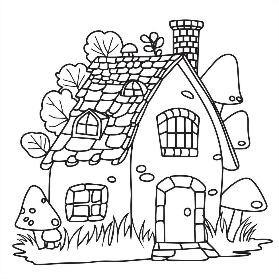 coloring page. cute forest house. illustration in doodle style, line drawing vector