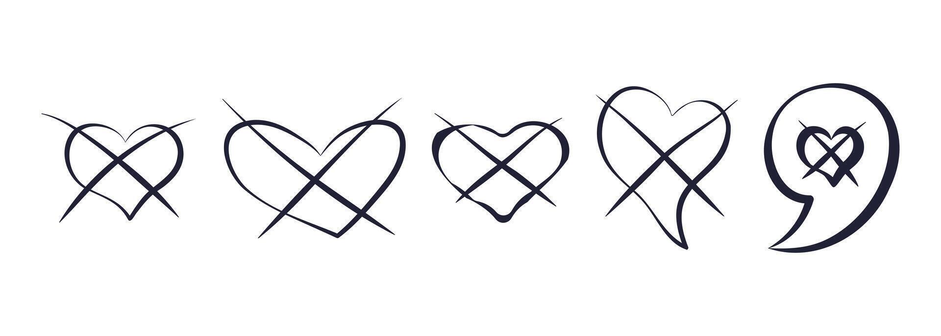 Crossed Hearts and Broken Love Symbols. Hand drawn crossed-out hearts and broken love symbols in sketch style isolated on white background. Doodle elements for romance, breakup relationship concept. vector