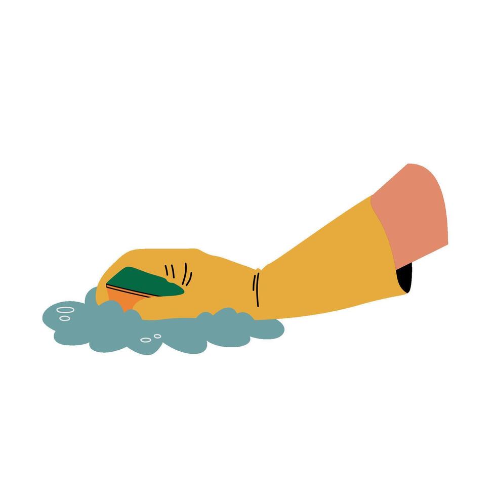 A yellow-gloved hand holds a sponge in foam. vector