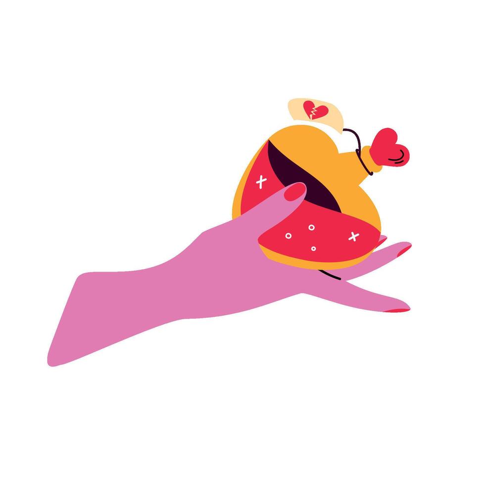The hand holds a heart-shaped potion bottle. vector