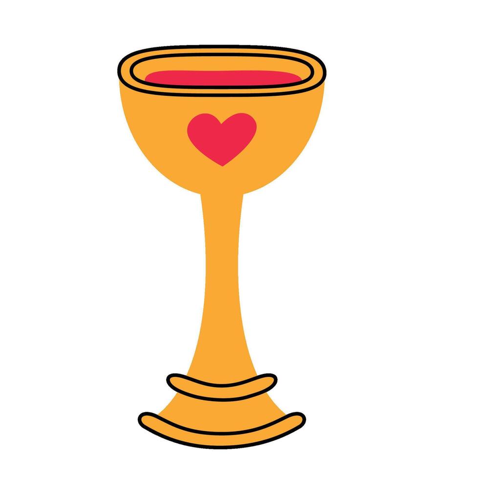 A golden chalice decorated with a red heart. An antique goblet with a potion or wine. vector