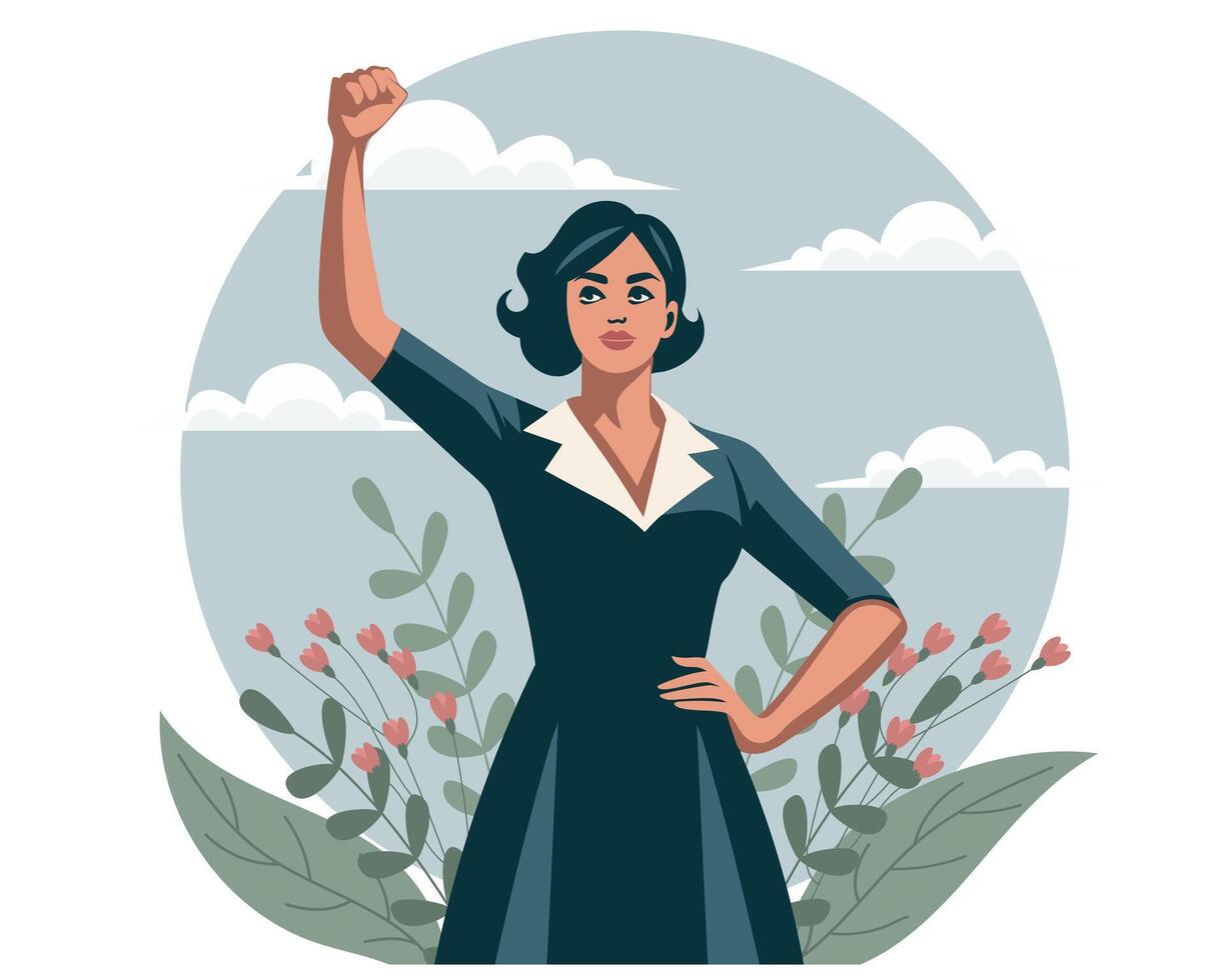 Empowered woman with flowers and raised hand in protest. Feminism concept. Flat illustration vector