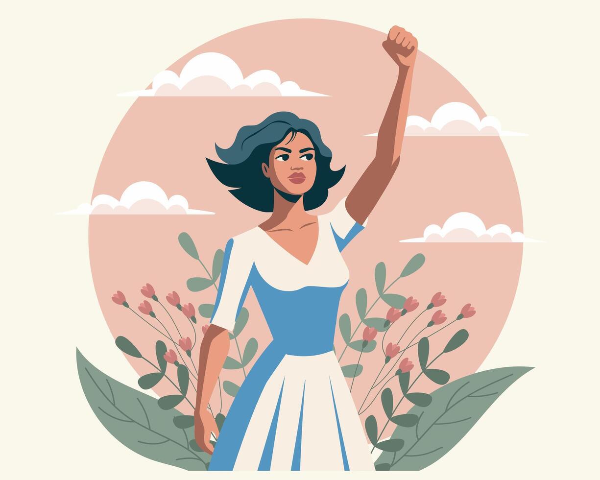 Empowered woman with flowers and raised hand in protest. Feminism and equality concept. Flat illustration vector