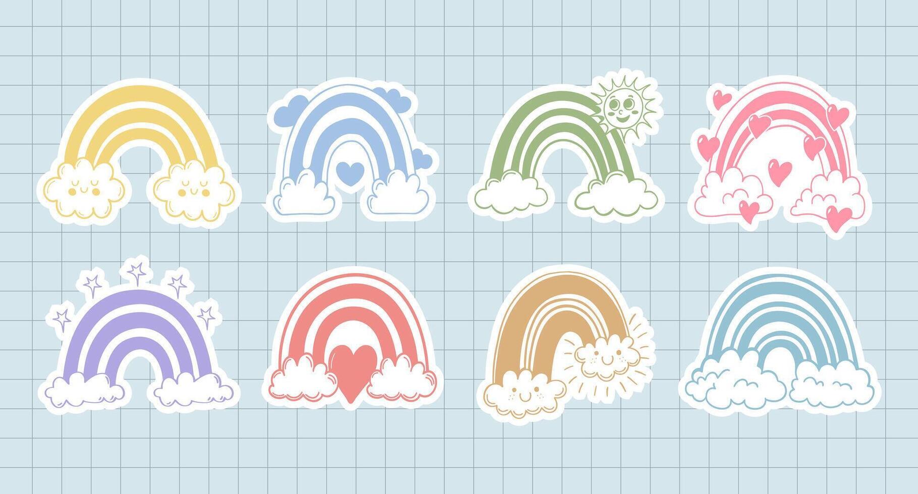 Retro doodle style set of rainbows . Cute pastel rainbow stickers, scrapbook icons. vector