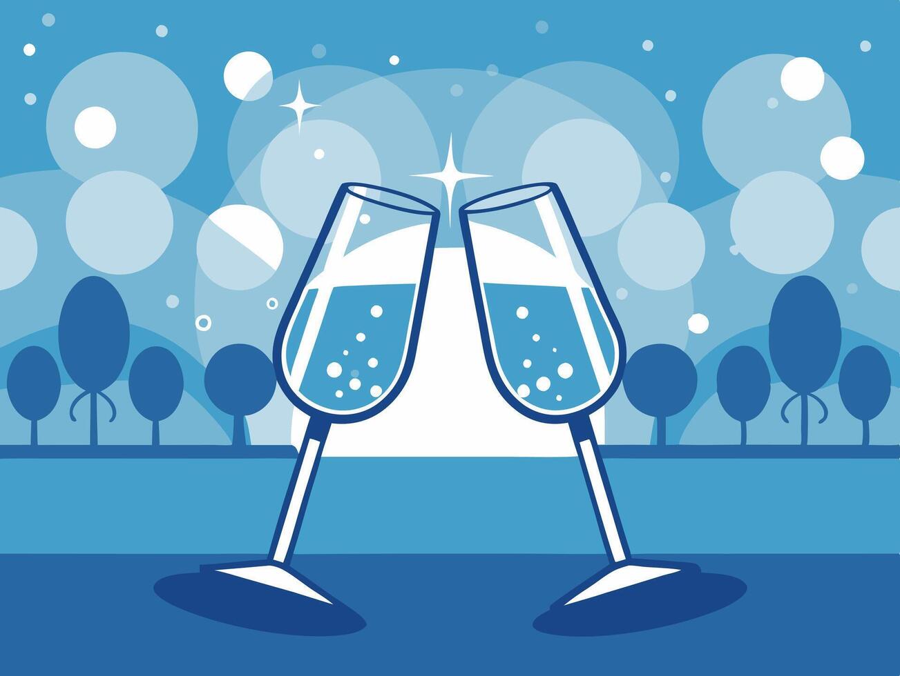 A toast between two sophisticated champagne glasses takes center stage, illuminated by a gentle bokeh glow, with a warm, out-of-focus background offering copyspace. vector