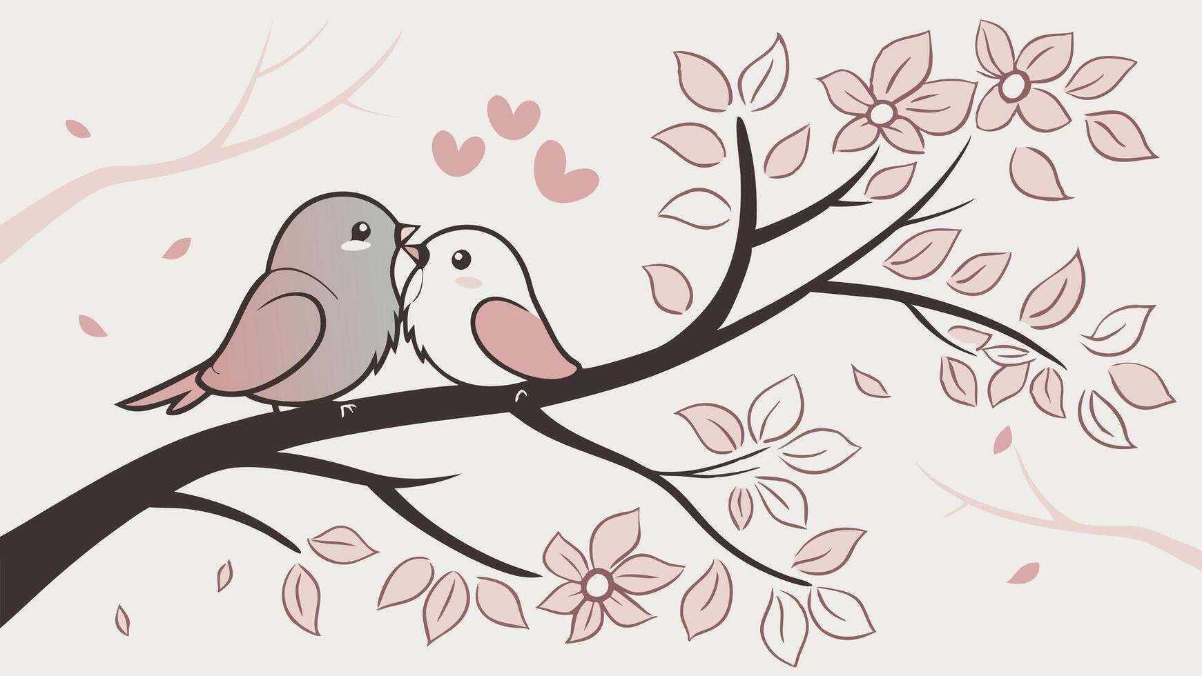 A couple of lovebirds sit closely on a cherry blossom branch, with pastel pink accents melting into a quiet background, ideal for a heartfelt message. vector