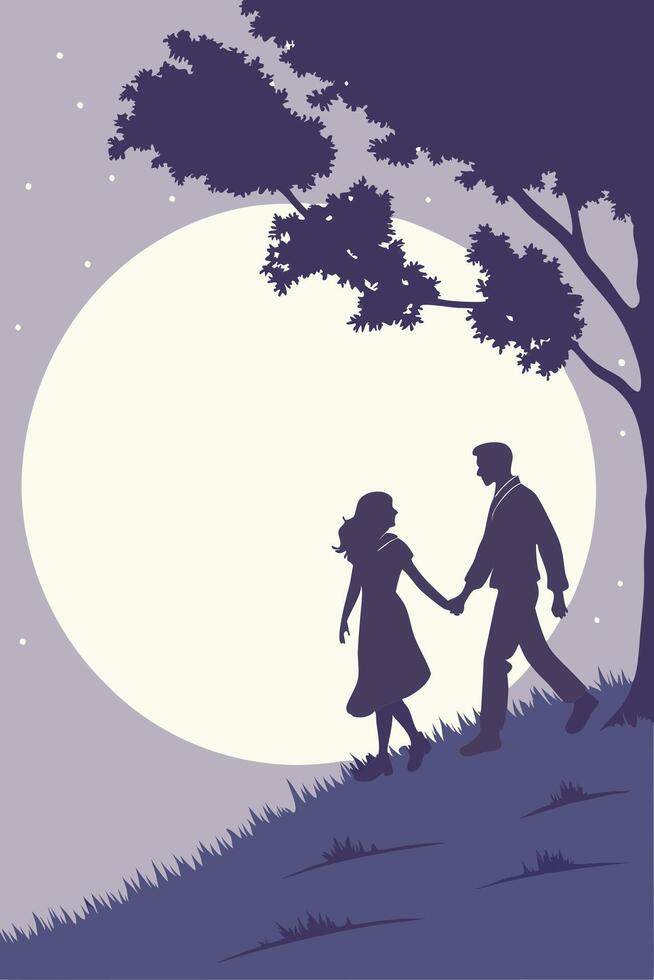 A silhouette of two lovers holding hands is framed by a glowing full moon, with a smooth gradient background blending into soft blues and purples, perfect for a message. vector