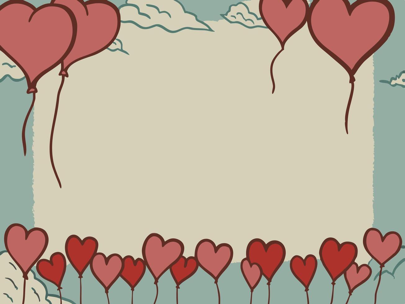 A row of glossy red and pink heart-shaped balloons gently floating across a soft pastel sky, creating a light and romantic atmosphere with space for text in the center. vector