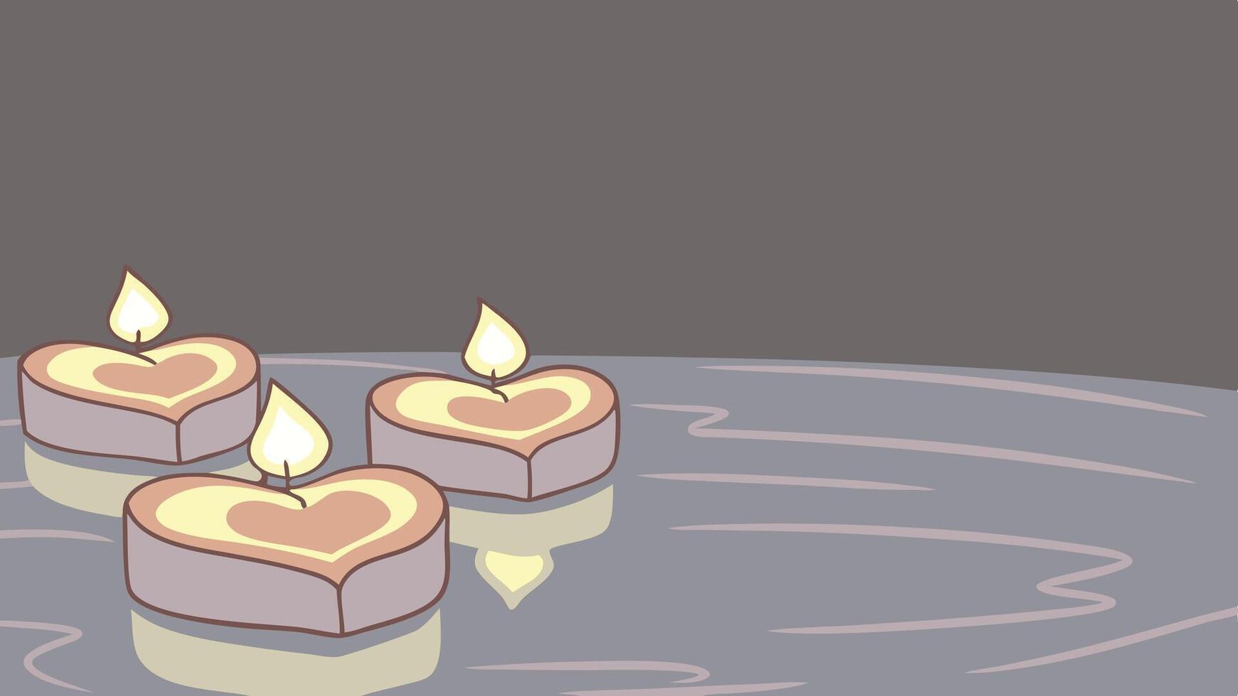 A cluster of heart candles gently flickers on calm water, casting delicate reflections, with a quiet, blurred background perfect for text placement. vector