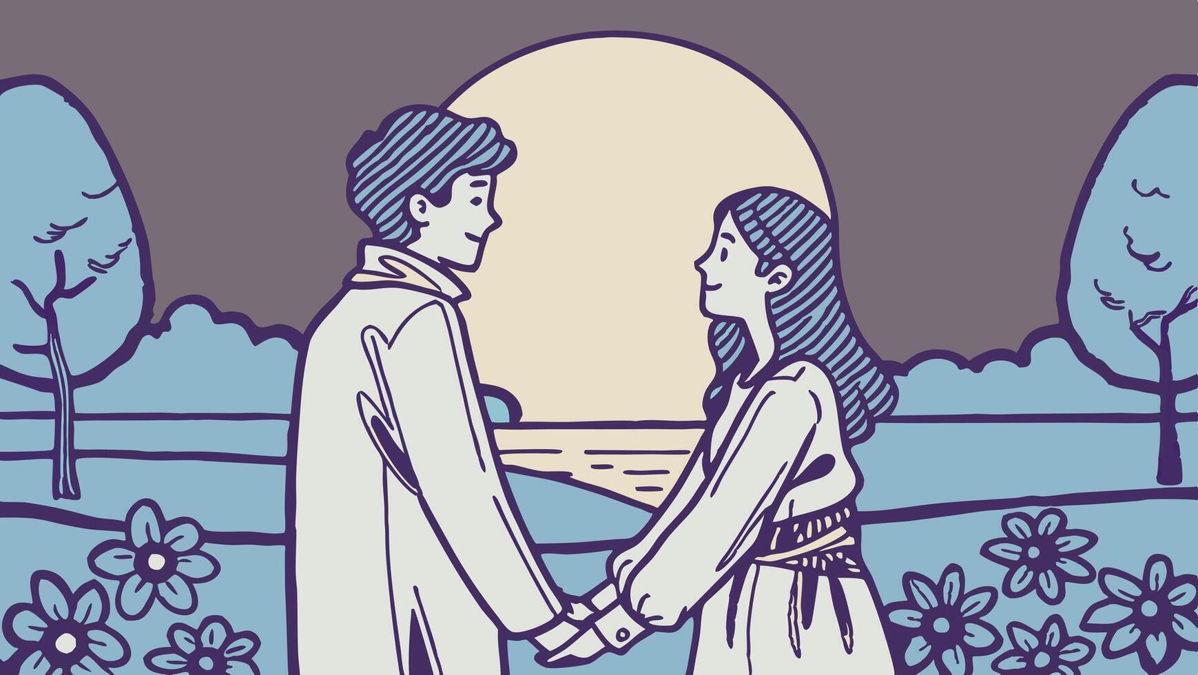 Under the gentle glow of a full moon, a couple holds hands, silhouetted against a peaceful gradient background that fades into soothing blues and purples, leaving room for a message. vector