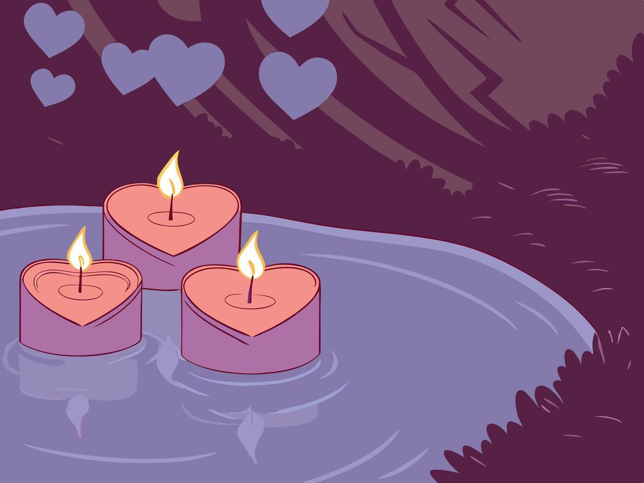 Heart-shaped candles glow warmly as they float on a peaceful body of water, with soft reflections and a subtle background offering ample copyspace. vector