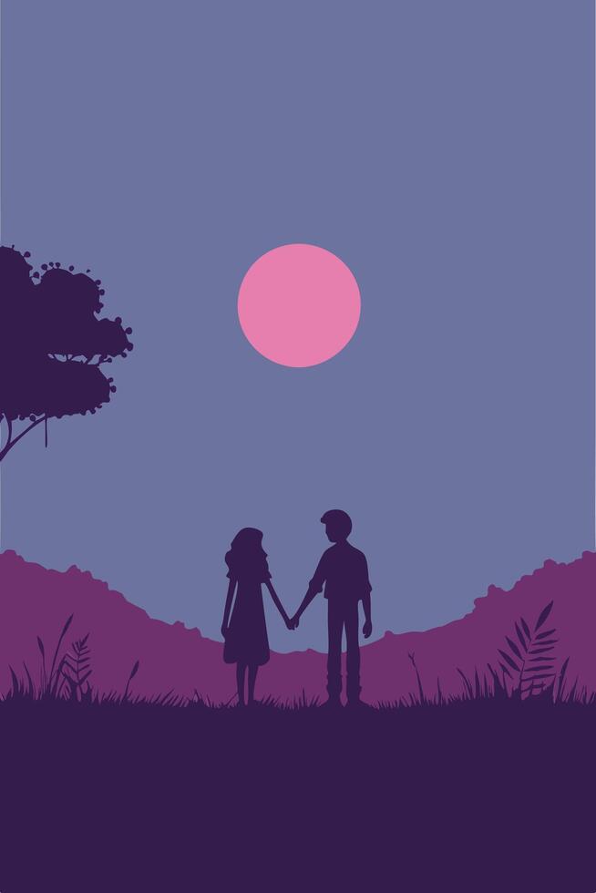 The full moon casts a dreamy glow over a couple holding hands, their silhouettes contrasting with a smooth blue-to-purple gradient background, leaving room for text vector
