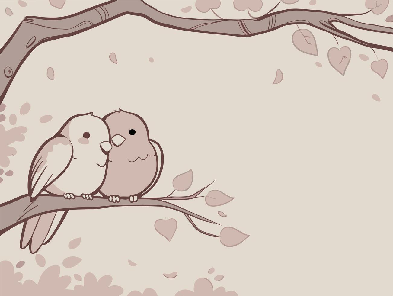 Two lovebirds share a moment on a cherry blossom branch, framed by soft pink hues that transition into a neutral background with space for text. vector