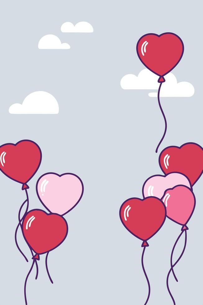 A delicate arrangement of glossy heart balloons drifting across a tranquil pastel sky, setting a romantic tone while leaving ample space for text placement. vector