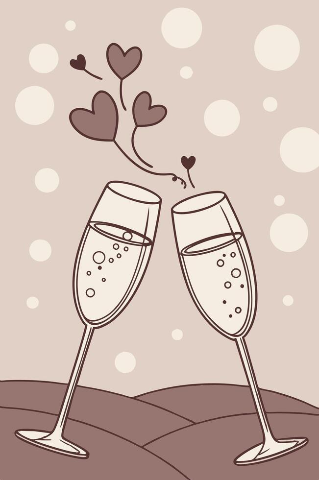 Two stylish champagne flutes gently clink together, bathed in the soft radiance of glowing bokeh, while the warm, blurred backdrop leaves space for a romantic message. vector