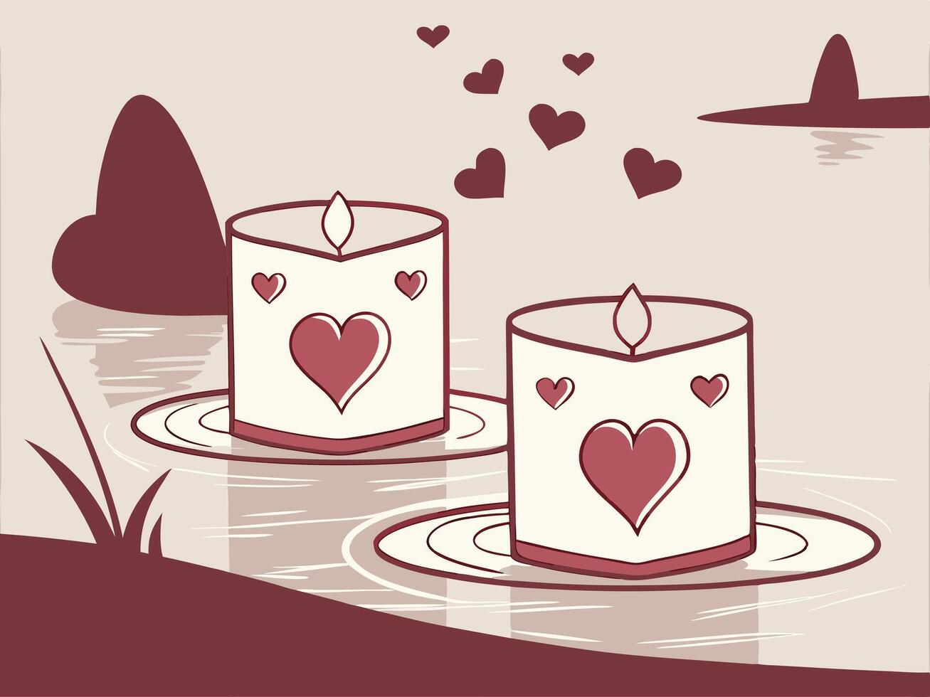 A collection of glowing heart candles drifts on still water, their warm light reflecting softly, with a quiet background perfect for a message. vector