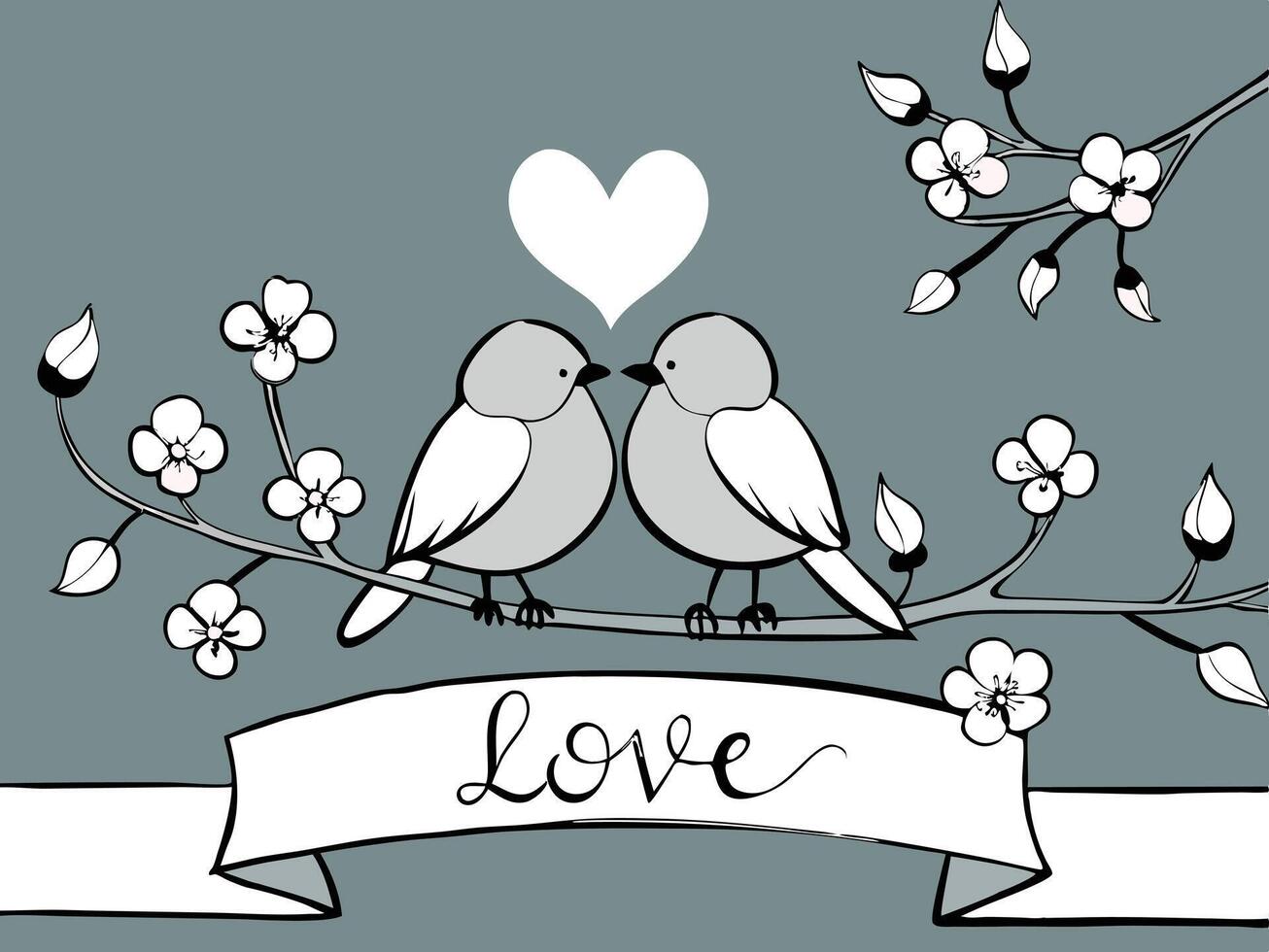 A pair of cute lovebirds sitting on a cherry blossom branch, with subtle pink hues blending into a neutral background, leaving space for a romantic greeting. vector